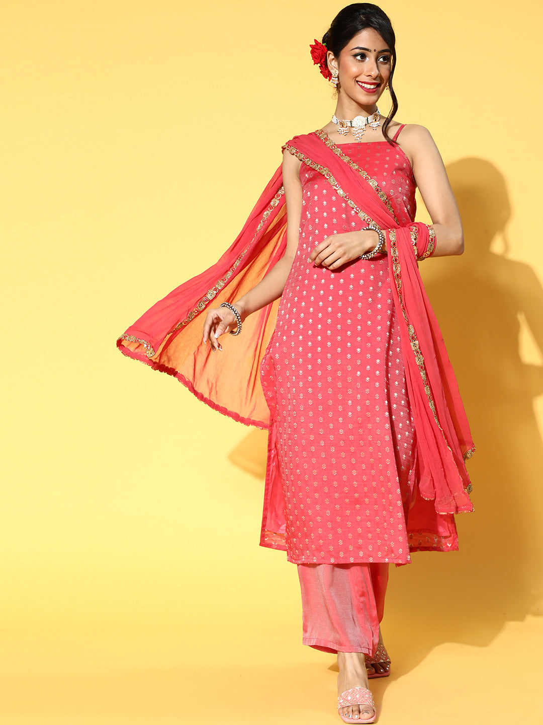 Red Woven Design Kurta Palazzo With Dupatta