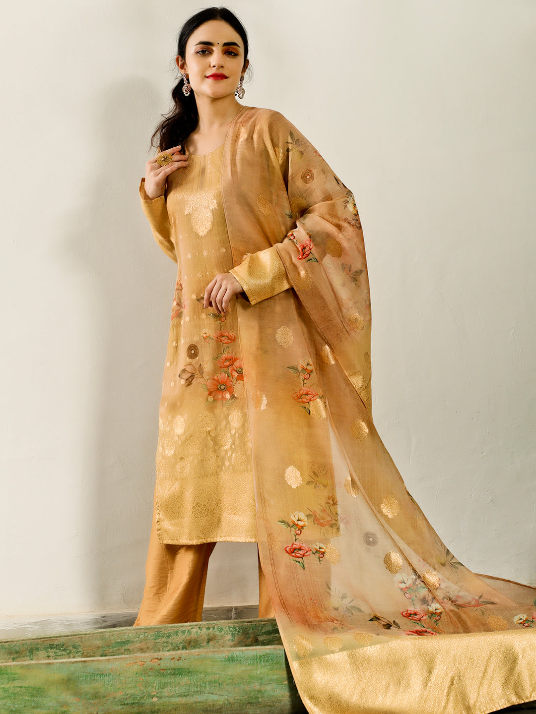 Gold Woven Designed Kurta Palazzo With Dupatta