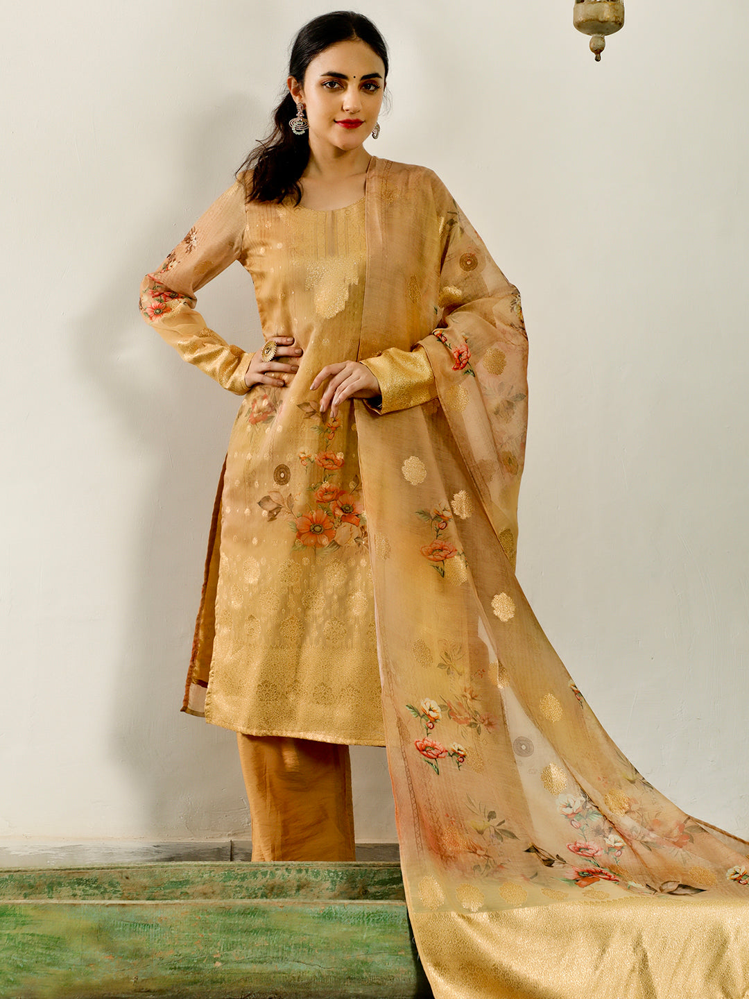 Gold Woven Designed Kurta Palazzo With Dupatta