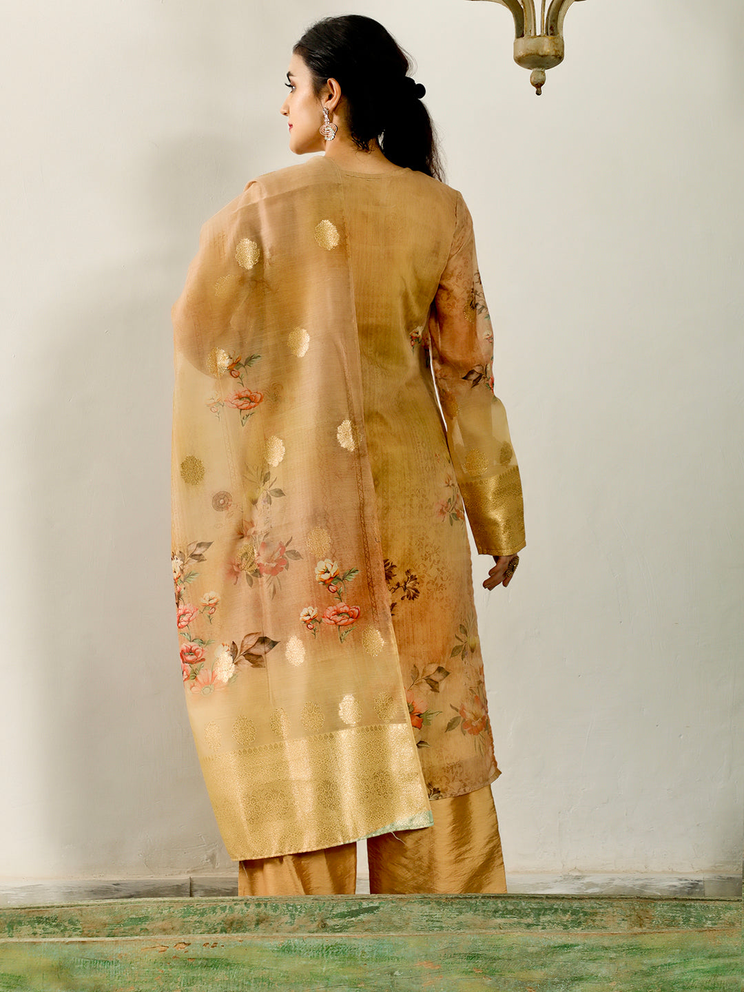 Gold Woven Designed Kurta Palazzo With Dupatta