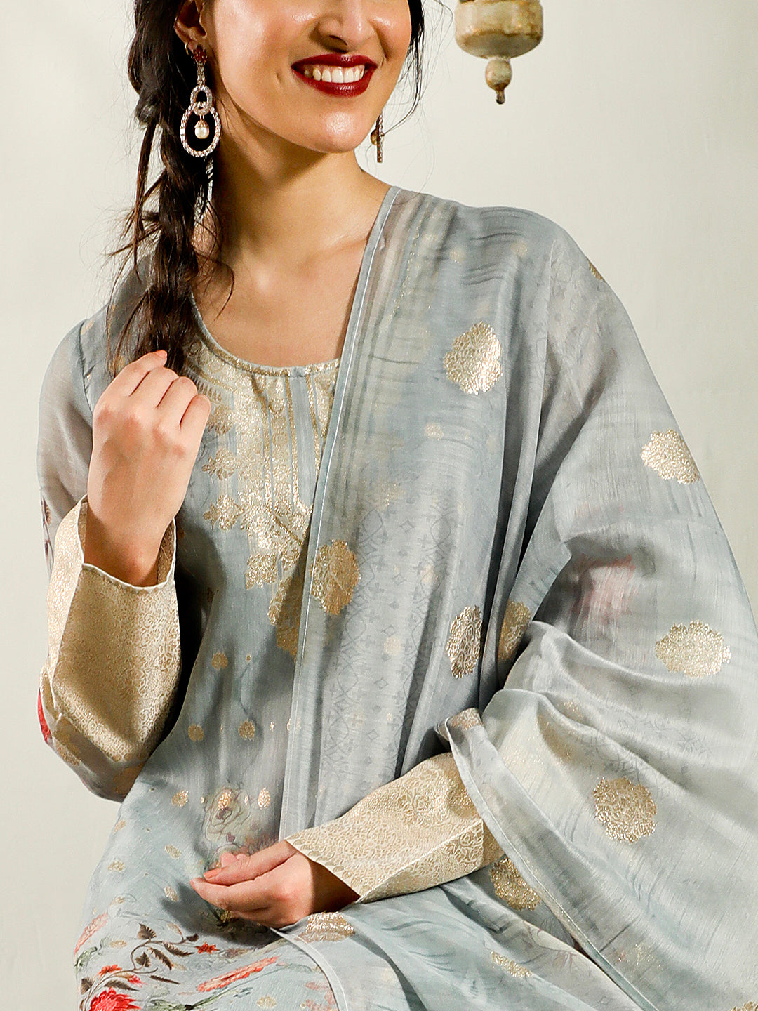 Pastel Blue Woven Designed Kurta Pant With Dupatta