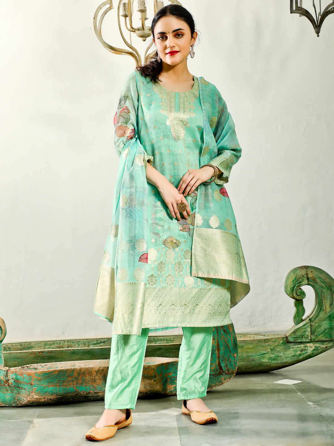 Green Woven Designed Kurta Pant With Dupatta