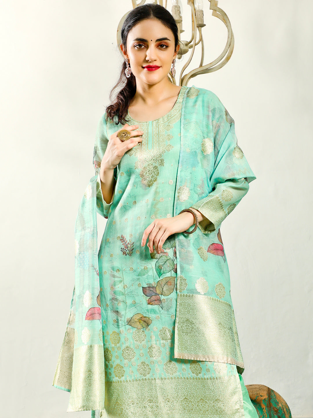 Green Woven Designed Kurta Pant With Dupatta