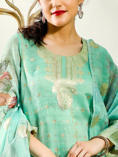 Green Woven Designed Kurta Pant With Dupatta