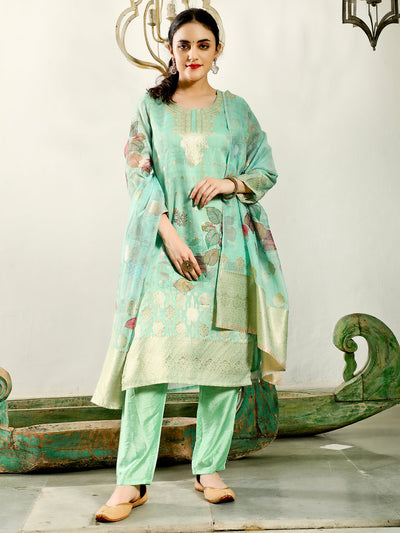 Green Woven Designed Kurta Pant With Dupatta