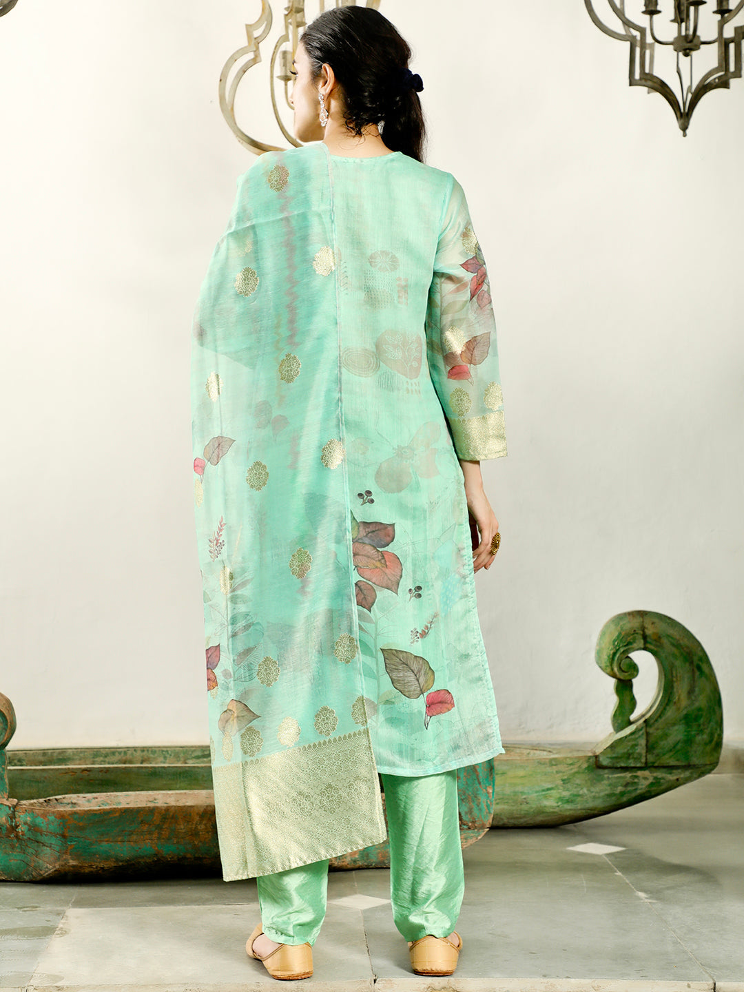 Green Woven Designed Kurta Pant With Dupatta