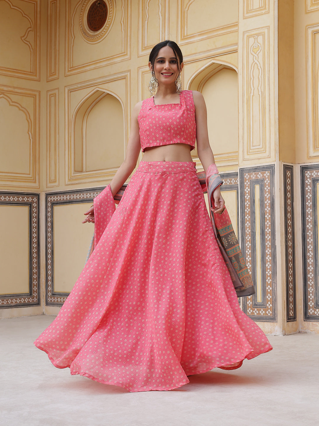 Pink Printed Lehenga Choli With Dupatta