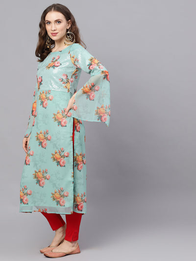 Green Sequin Floral Print Kurta