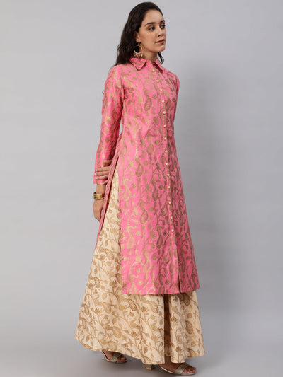 Pink Jacquard Straight Kurta