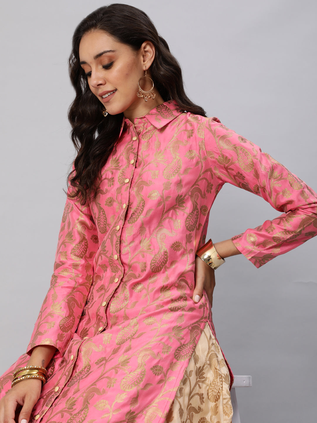 Pink Jacquard Straight Kurta