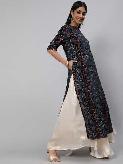 Navy Blue Gold Printed Button Down Kurta