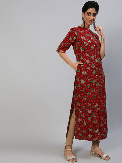 Red Gold Print Button Down Kurta