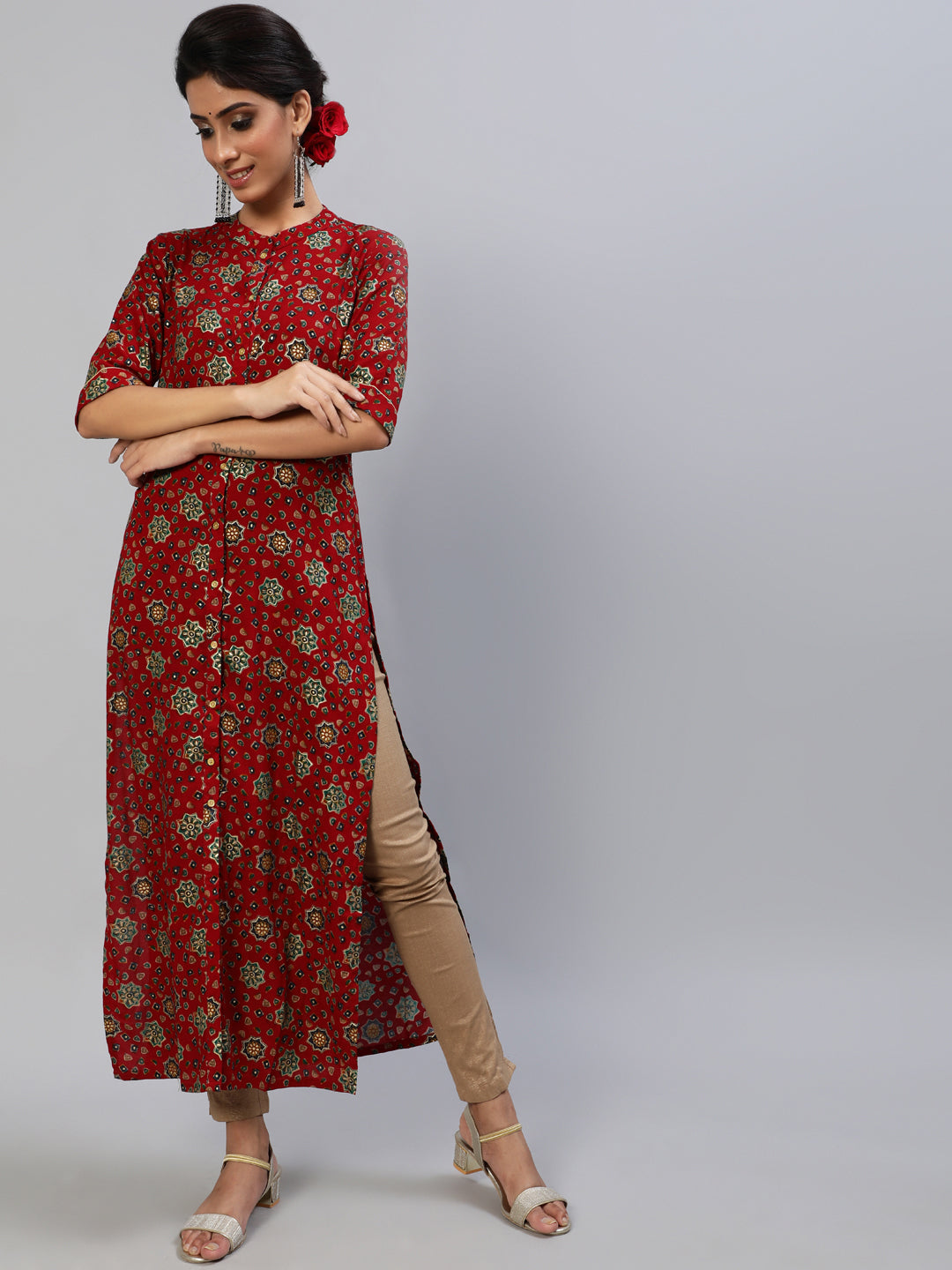 Red Gold Print Button Down Kurta