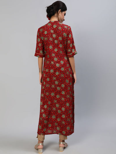 Red Gold Print Button Down Kurta