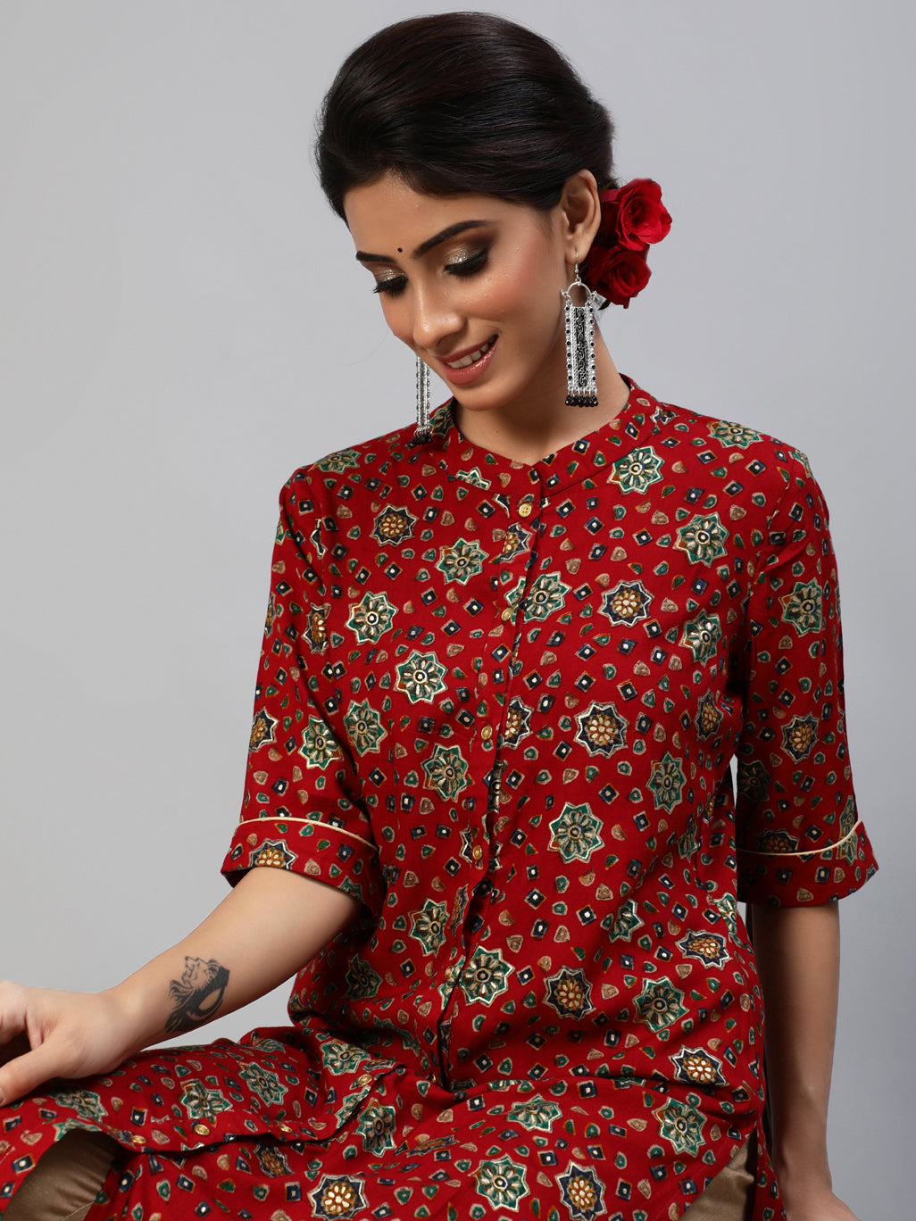 Red Gold Print Button Down Kurta