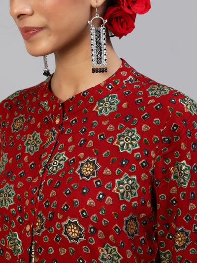 Red Gold Print Button Down Kurta