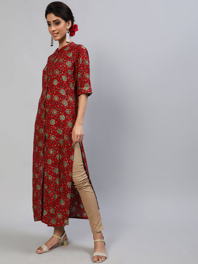 Red Gold Print Button Down Kurta