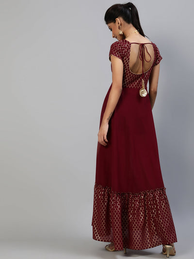 Maroon Gold Foil Print Maxi Dress