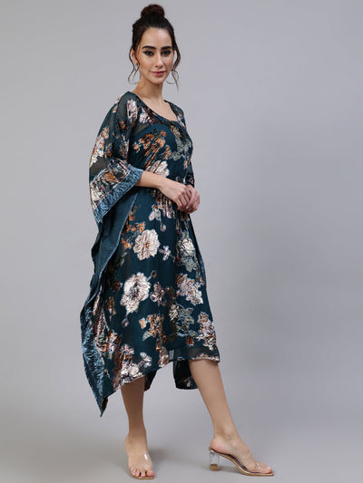 Blue Floral Print Kaftan Sleeve Dress