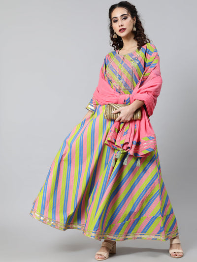 Pink & Green Leheriya Print Maxi Dress With Dupatta