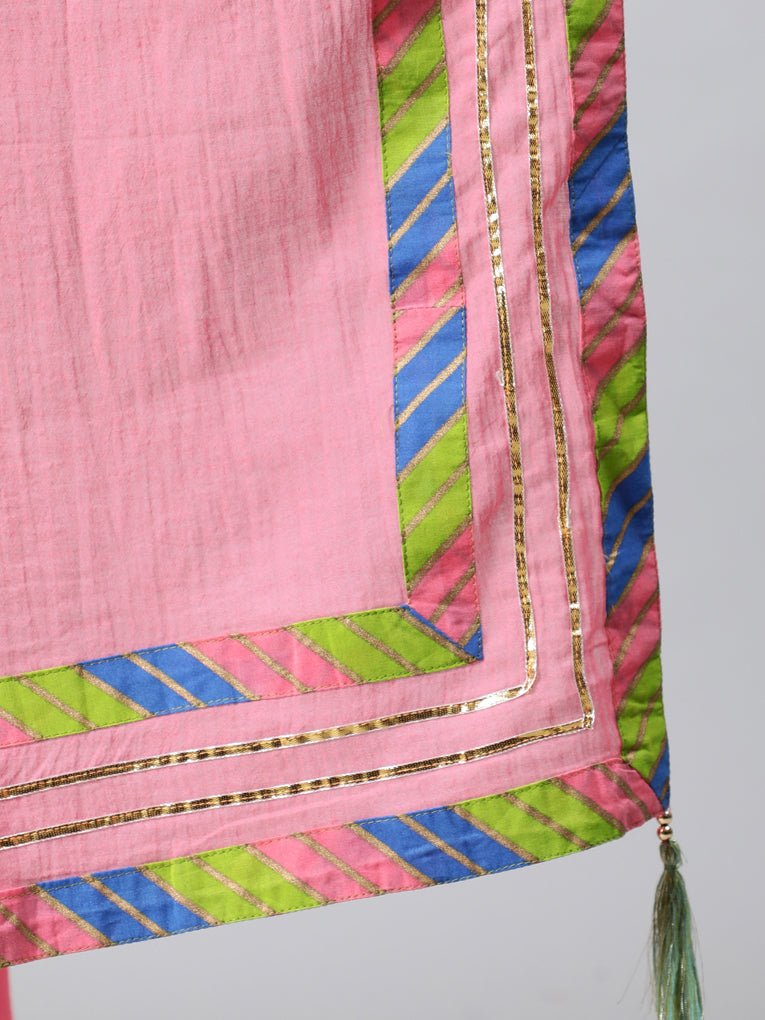 Pink & Green Leheriya Print Maxi Dress With Dupatta