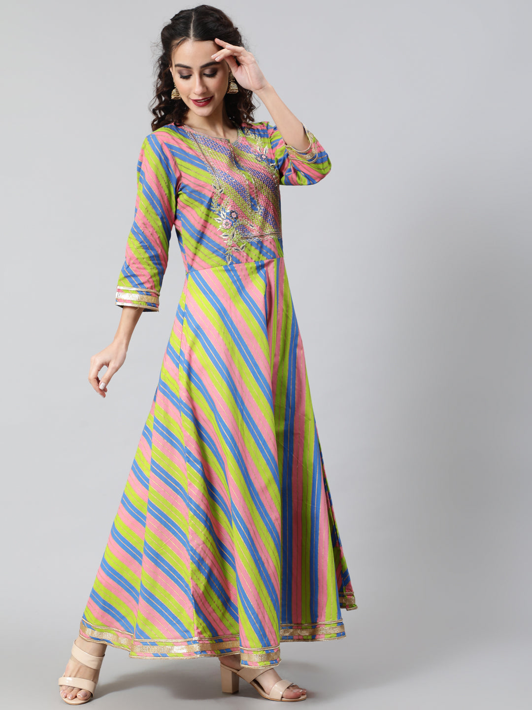 Pink & Green Leheriya Print Maxi Dress With Dupatta