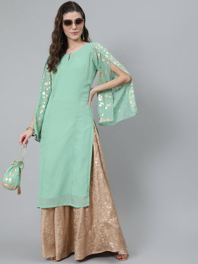 Sea Green Gold Foil Print Kurta With Potli Bag