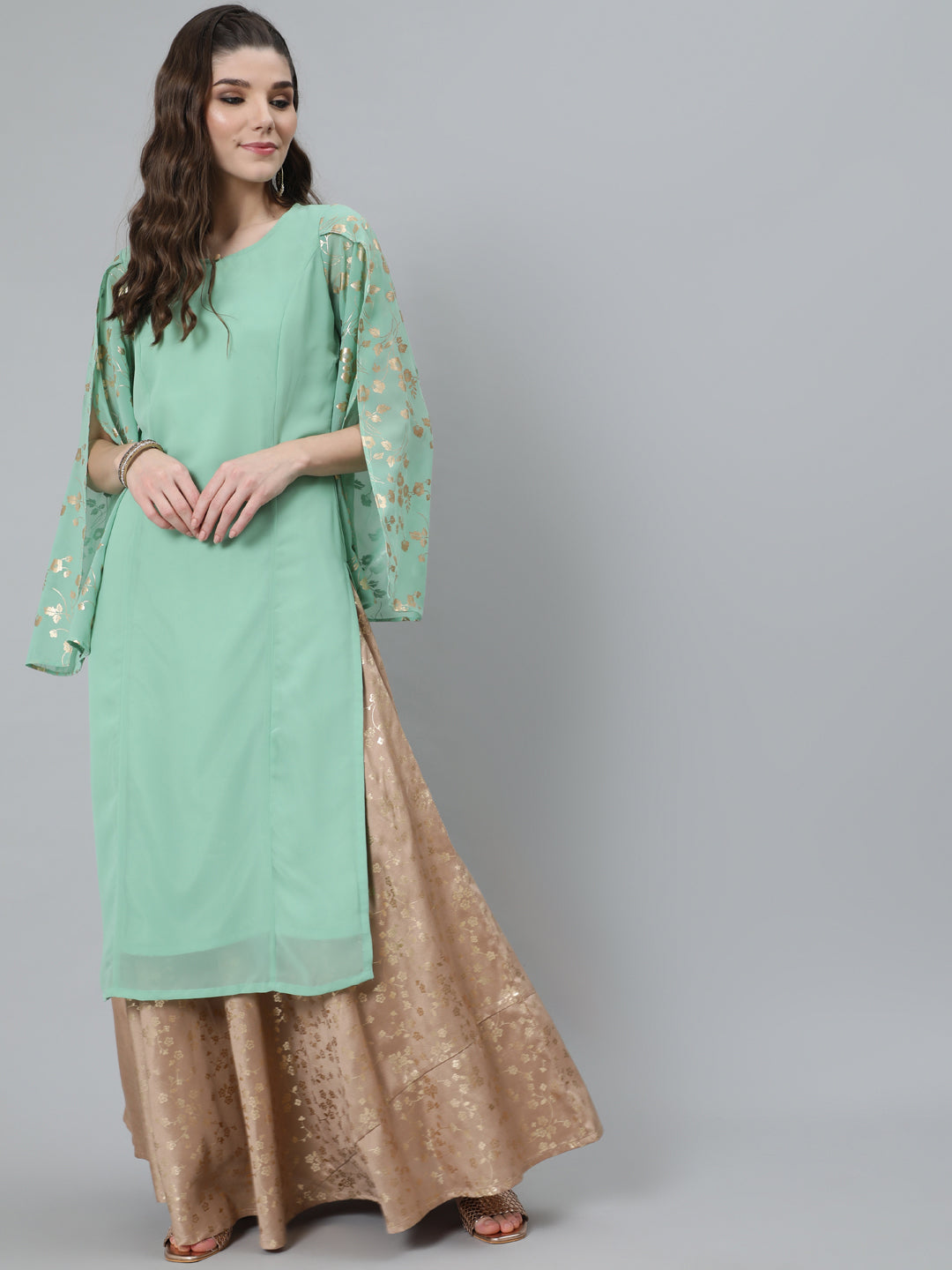 Sea Green Gold Foil Print Kurta With Potli Bag