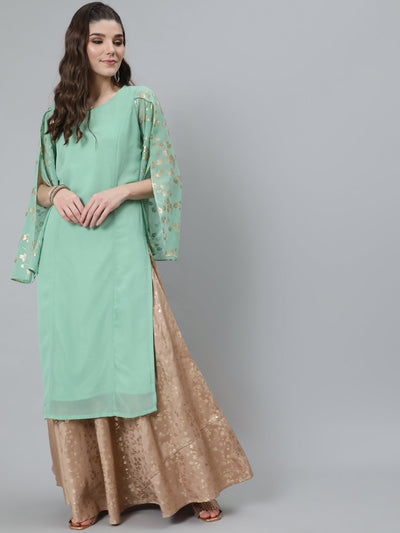 Sea Green Gold Foil Print Kurta With Potli Bag