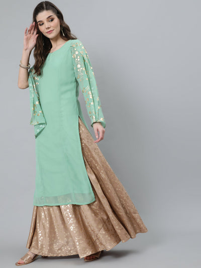 Sea Green Gold Foil Print Kurta With Potli Bag