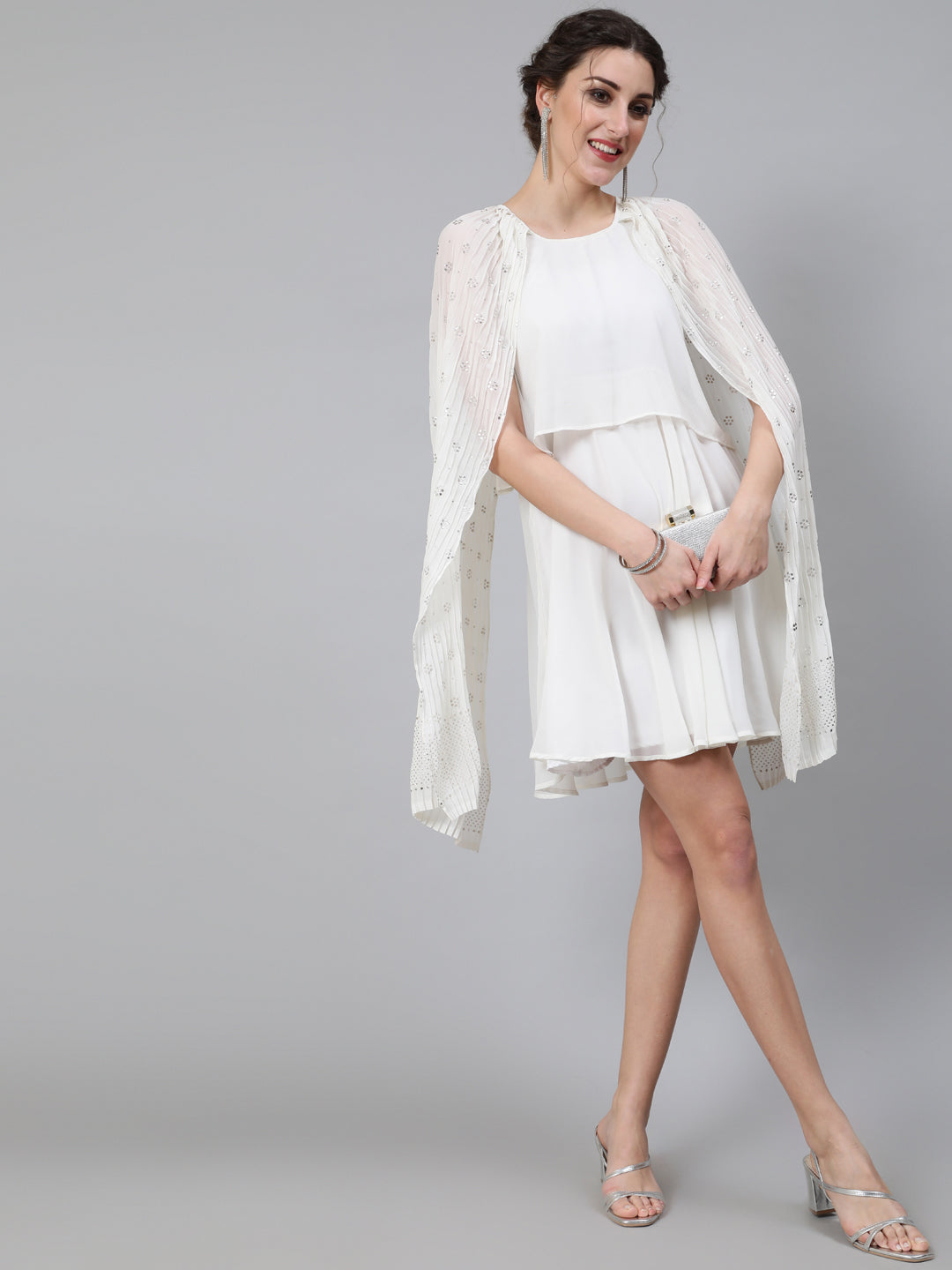 Cream Embellished Layered Dress With Flared Sleeve