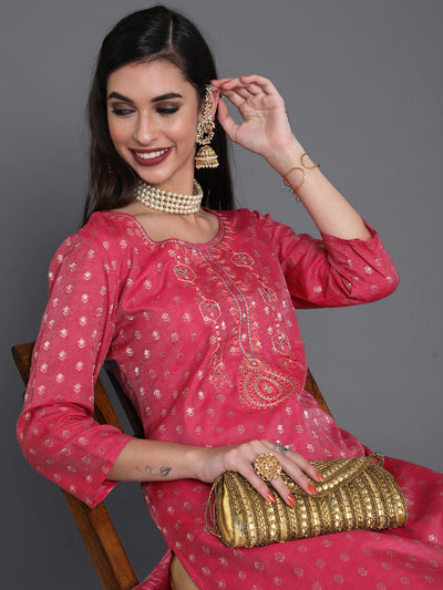 Pink Dobby Designed Embroidered Kurta