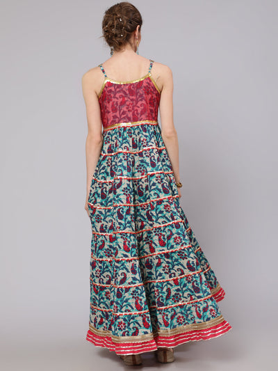 Blue Floral Print Tiered Maxi Dress With Lace Details