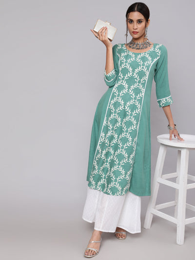 Green Embroidered A-Line Kurta