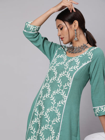 Green Embroidered A-Line Kurta