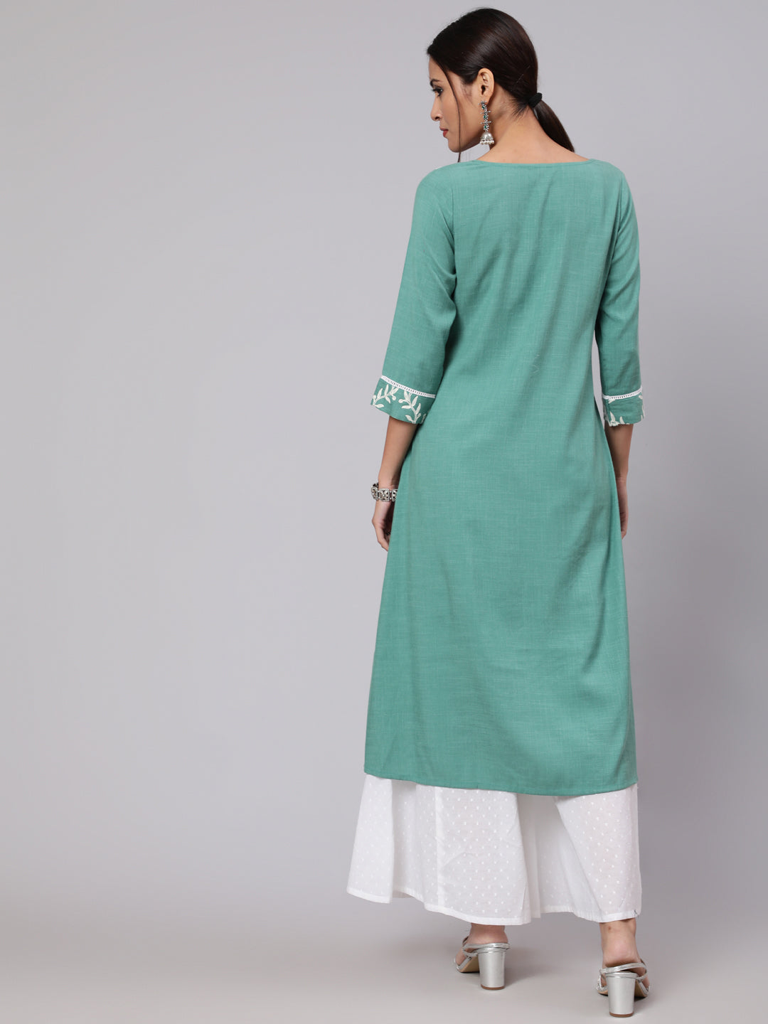 Green Embroidered A-Line Kurta