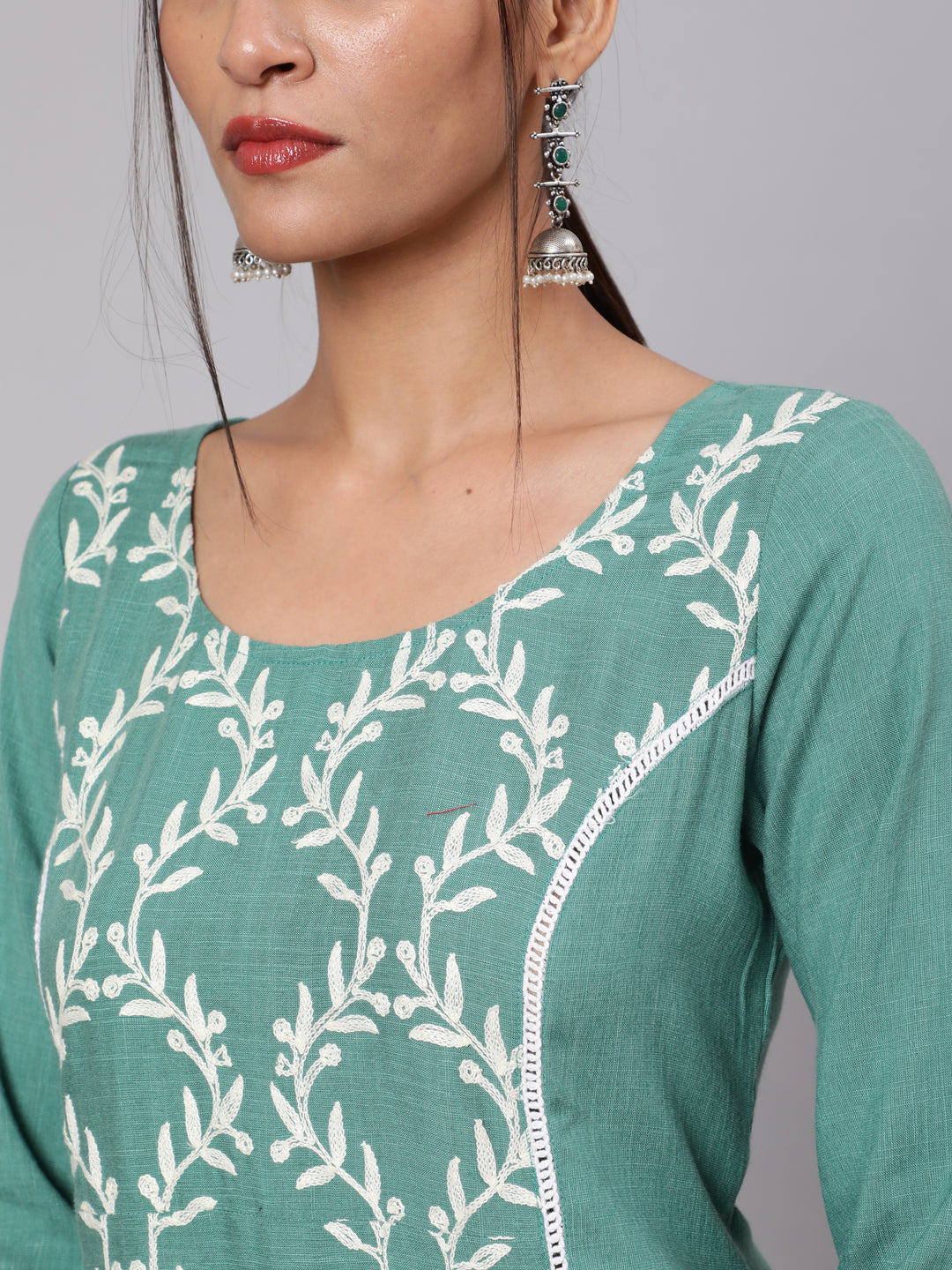 Green Embroidered A-Line Kurta