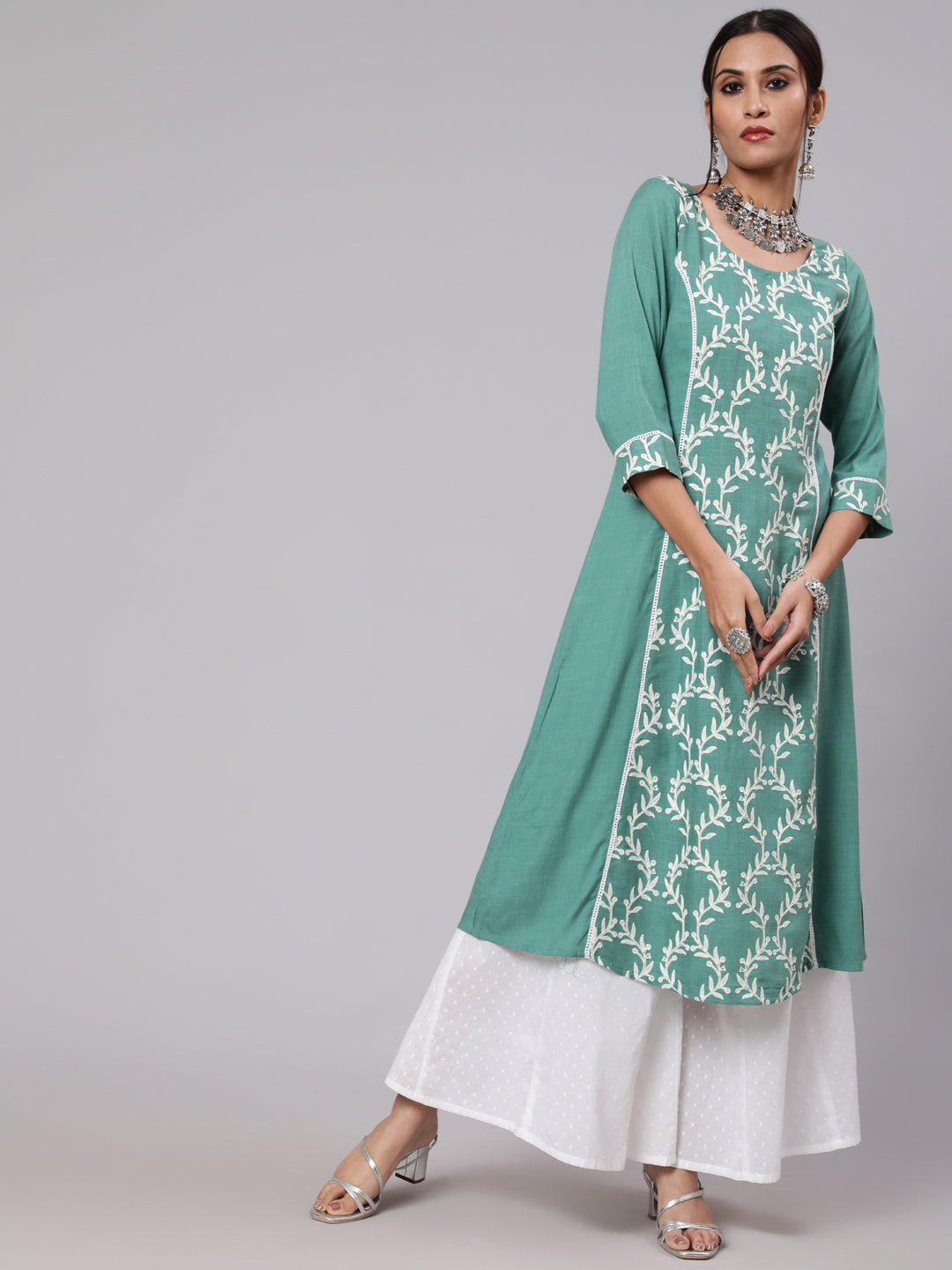 Green Embroidered A-Line Kurta