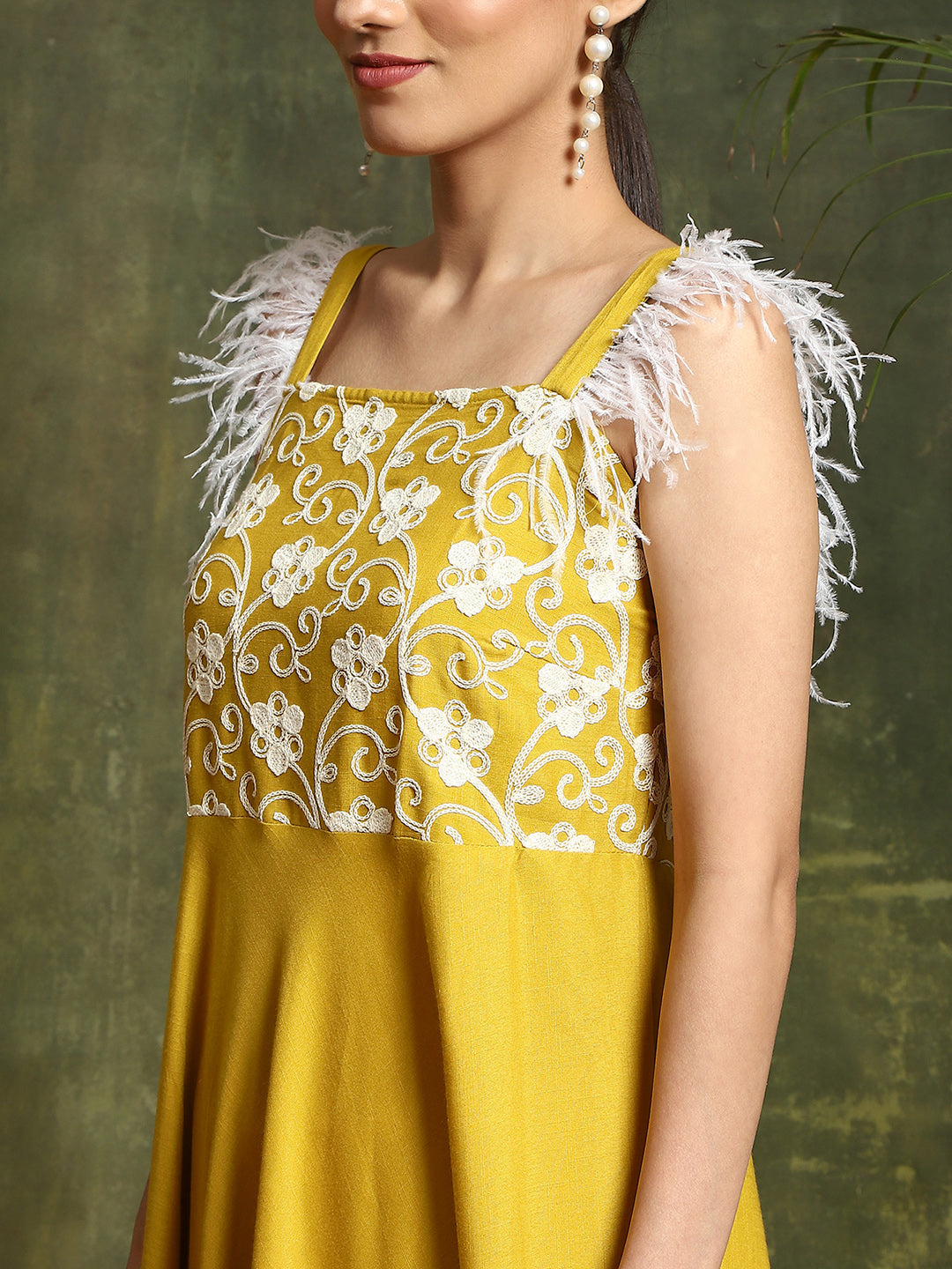Yellow Embroidered A-Line Kurta
