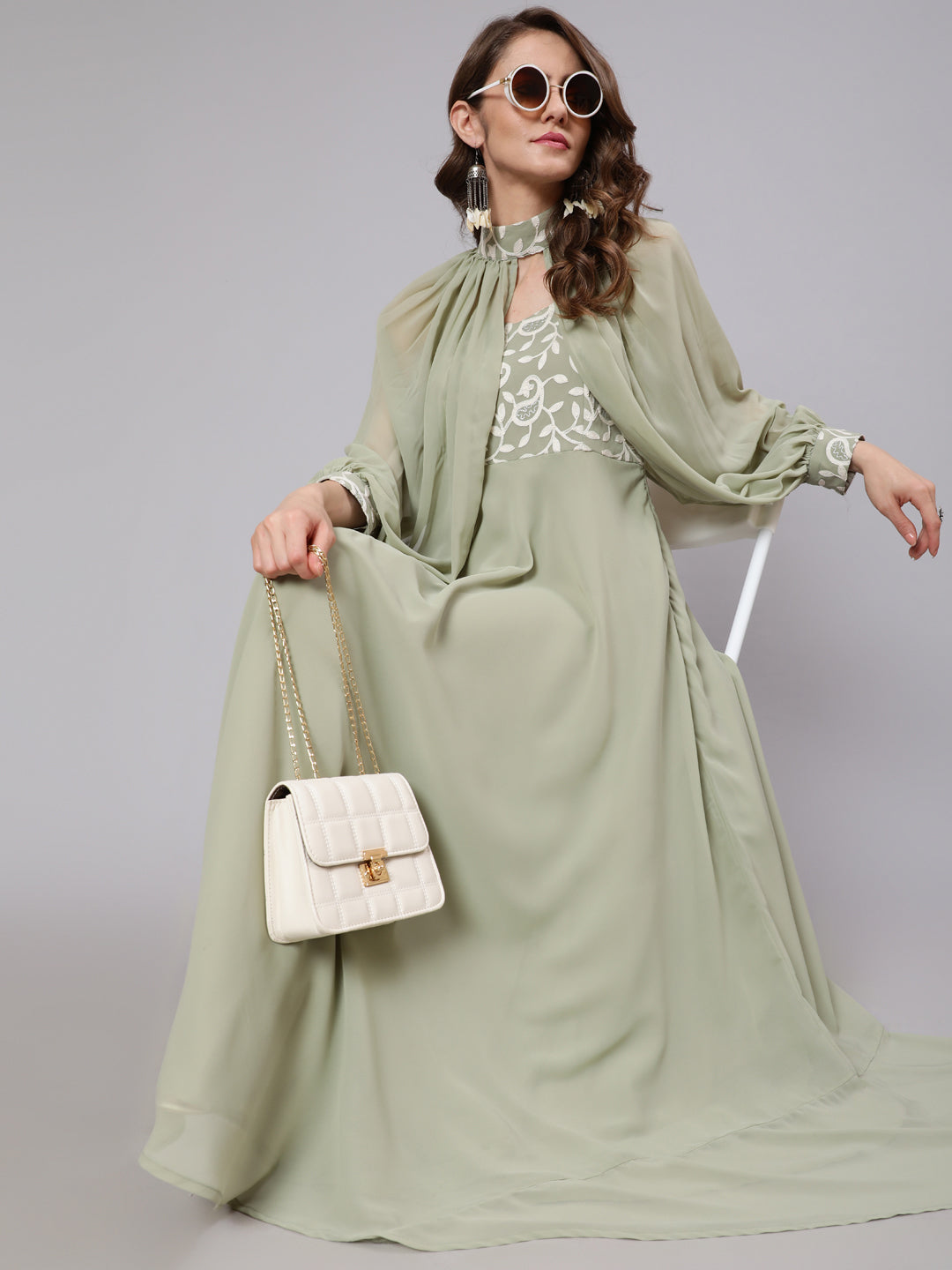 Pastel Green Embroidered Dress With Cape Sleeve