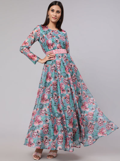Blue Floral Print Flared Maxi Dress With Belt