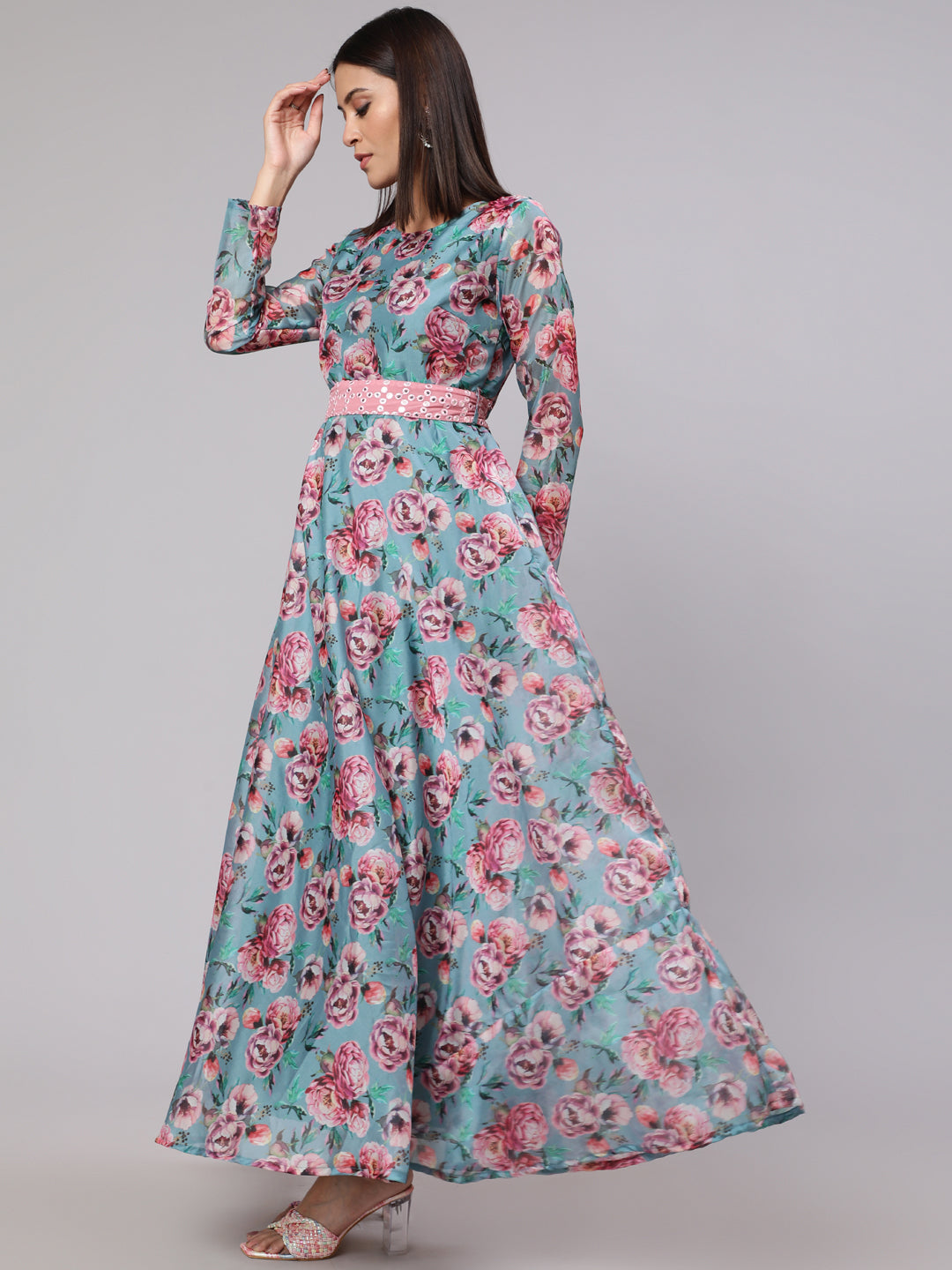 Blue Floral Print Flared Maxi Dress With Belt