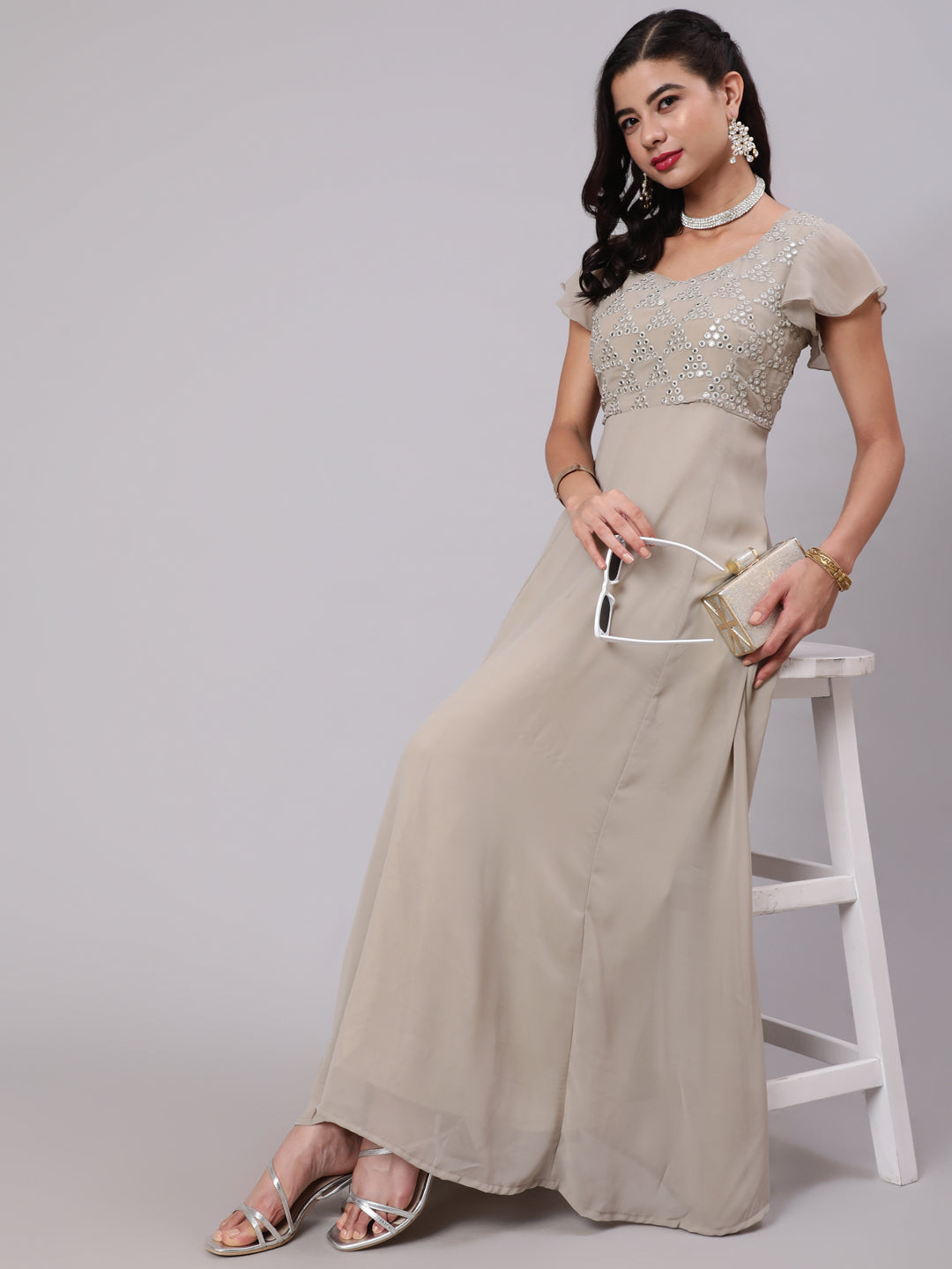 Beige Mirror Work Flared Maxi Dress