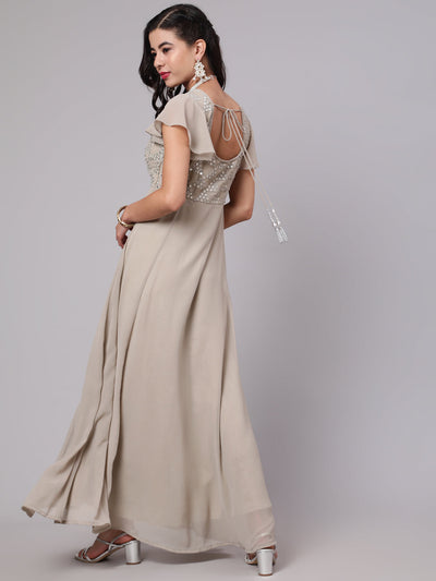 Beige Mirror Work Flared Maxi Dress