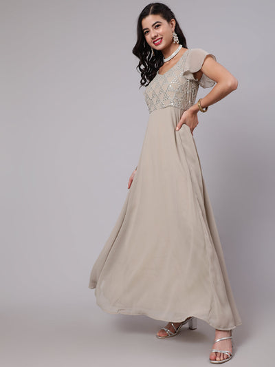 Beige Mirror Work Flared Maxi Dress