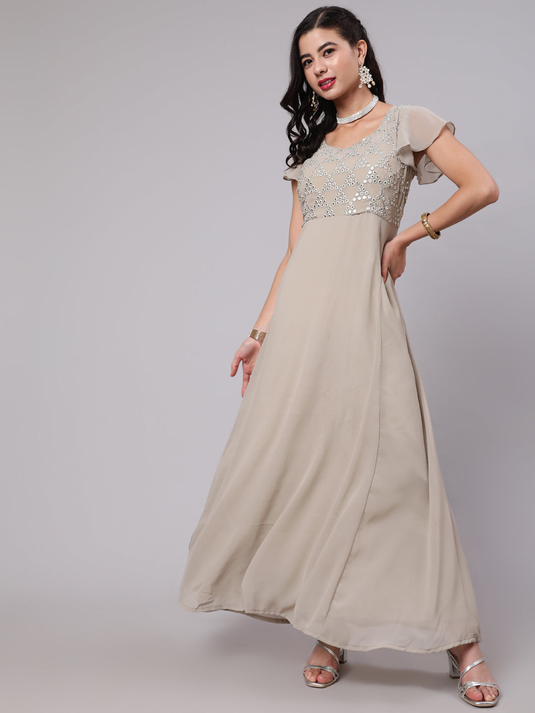 Beige Mirror Work Flared Maxi Dress