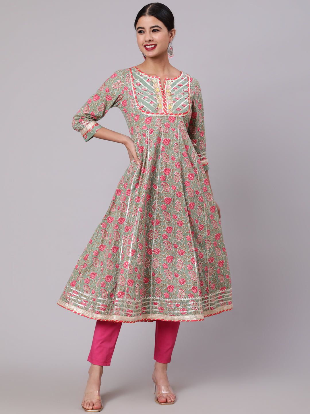 Pastel Green Floral Print Anakali With Lace Work