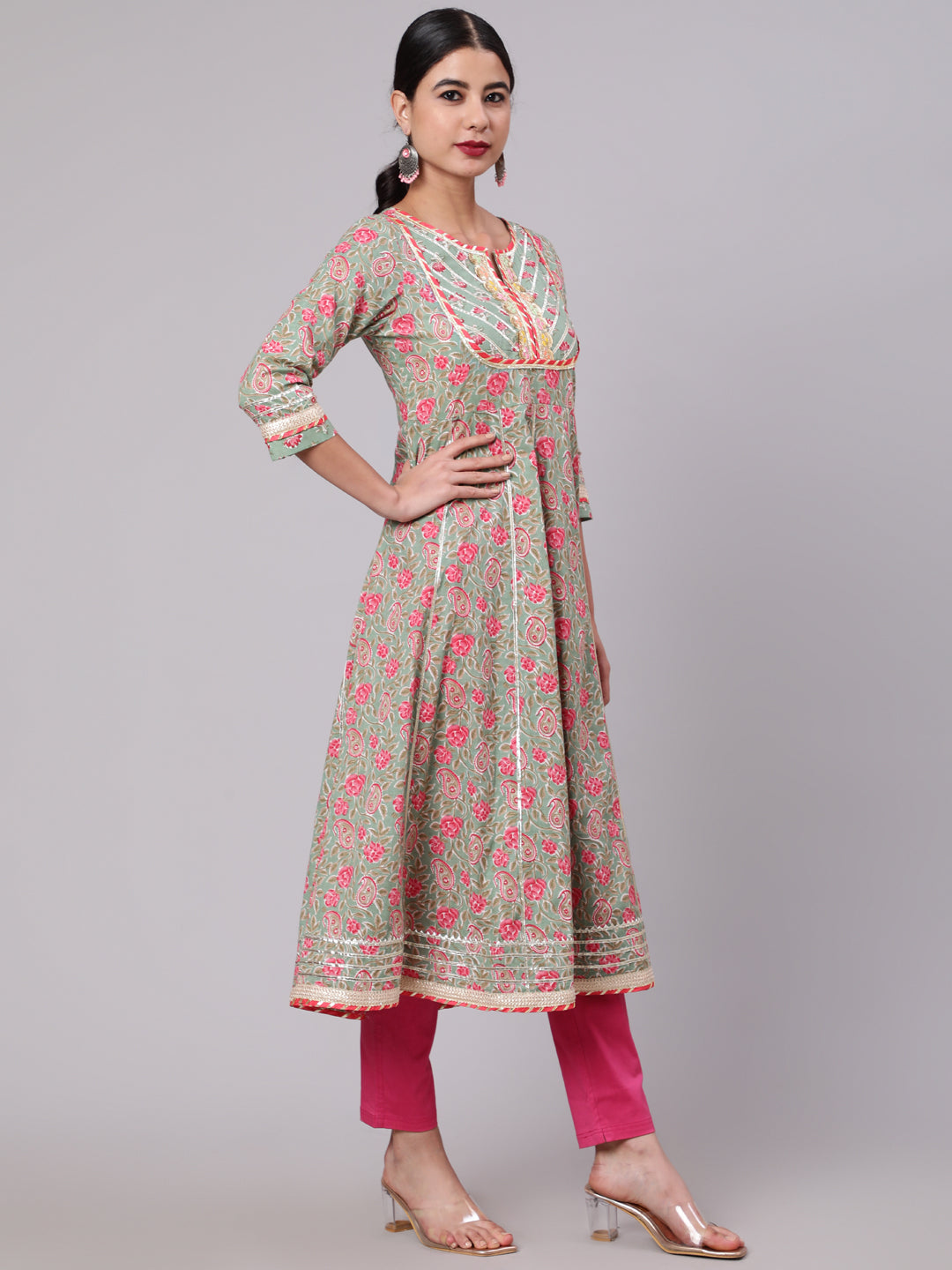 Pastel Green Floral Print Anakali With Lace Work