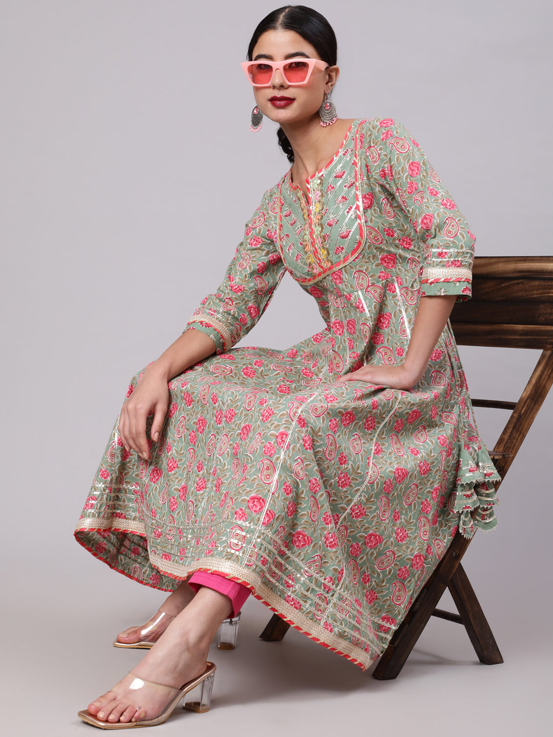 Pastel Green Floral Print Anakali With Lace Work