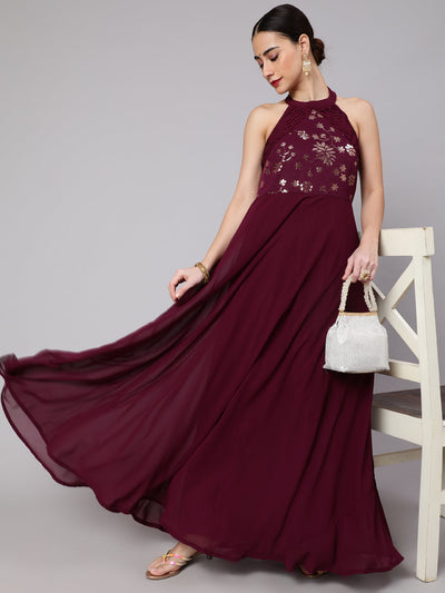 Purple Embellished Flared Maxi Dress
